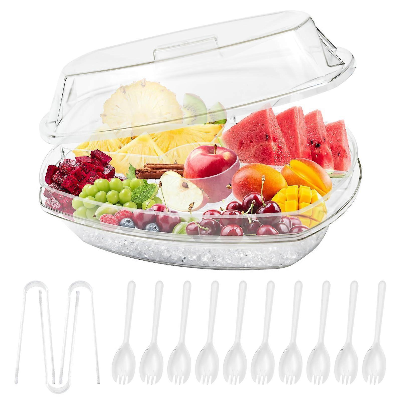 Chilled Serving Tray with Lid and Compartments, ThreeTier Ice Server for Fruits, Seafood, Veggies