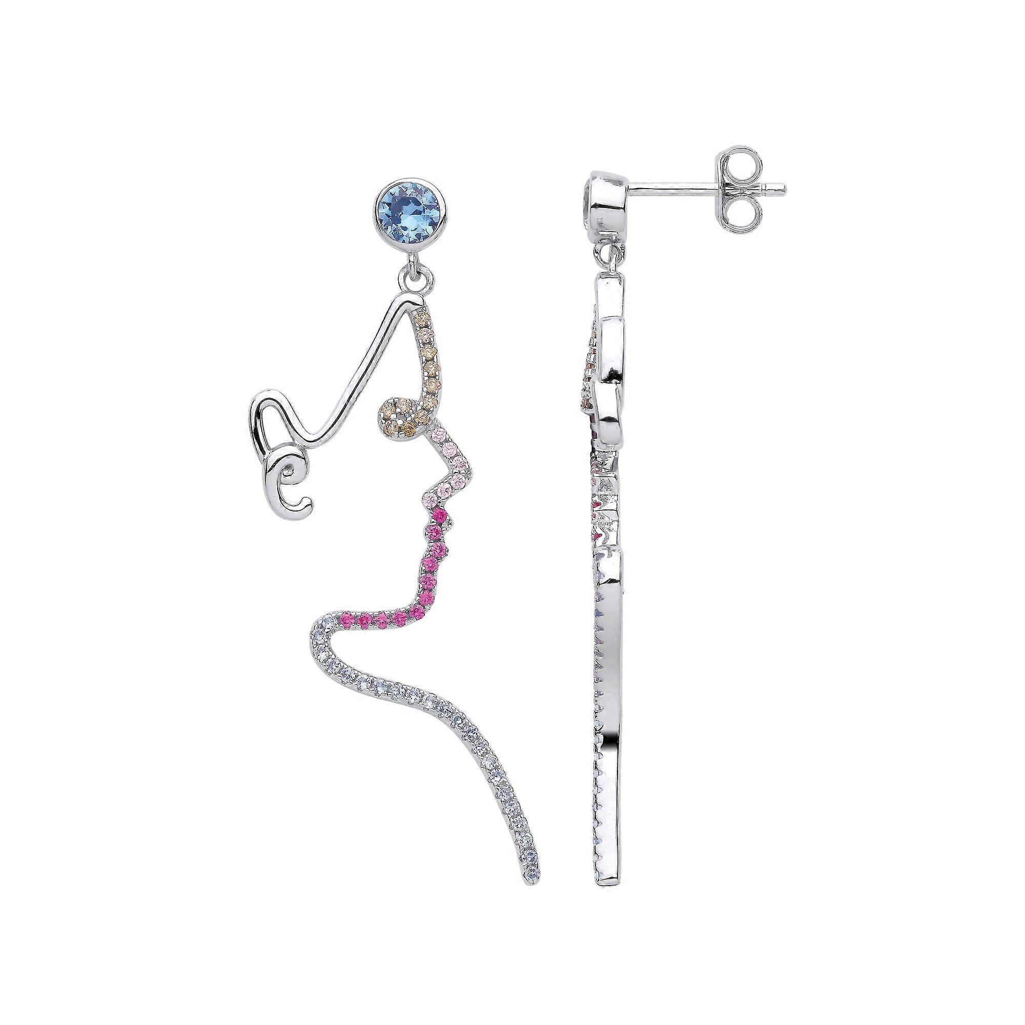 Jewelco London Ladies Rhodium Plated Sterling Silver Blue Rainbow CZ Rainbow Selfie Profile Drop Earrings