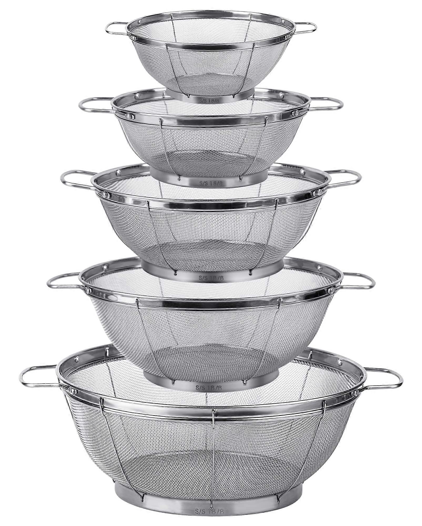 5 Pack Stainless Steel Colander Set with Handles, MultiSize Mesh Strainer Baskets for Kitchen Use