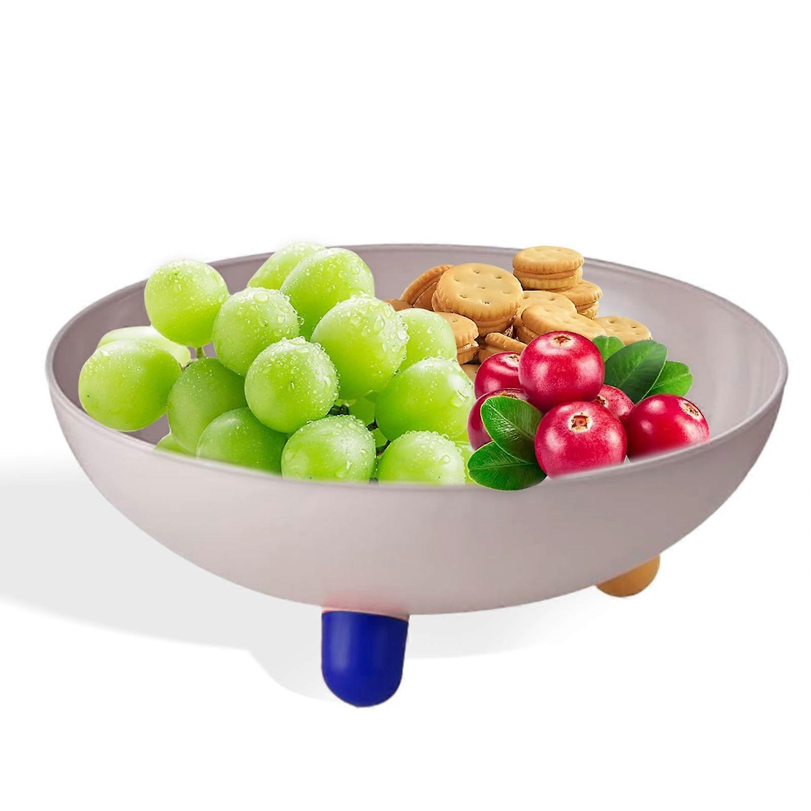 Large Wooden Fruit Bowl with ThreeLegged Base, MultiColor Decorative Design, Gray, Large Capacity