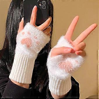 wxsp - 1 pair - Warm gloves - Half-finger fleece gloves with cat paw - Women - Cream - Universal size - Touch screen