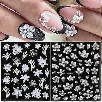 fleurs Nail Art Stickers Décalcomanies 4Feuilles 5D Nail Art Fournitures Nail Art en relief Décoration Changement progressif Fleurs blanches Papillon Design pour les femmes et