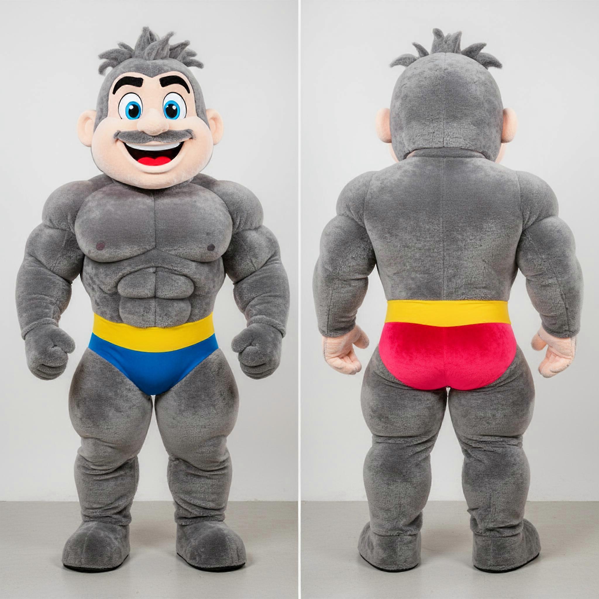MASTICOT Gray Muscular Strongman Mascot