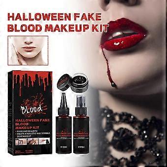 Halloween Fake Blood Makeup Kit, Coagulated Blood 50ml+ Fake Blood Spray 50ml+ Dripping Blood 30ml, for Zombie Vampire Monster Cosplay Mouth Clothes D