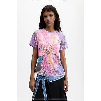 Desigual Flor Mesh Tshirt with Pastel Multicoloured Flower Print 26WWTK33