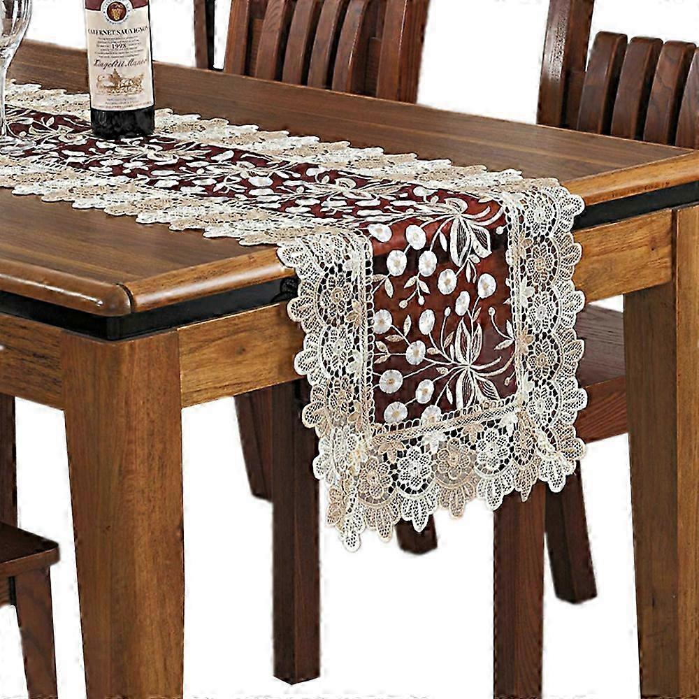 Table runner with embroidered floral pattern in lace, rectangular polyester table runner for home dining room, dressing table decoration