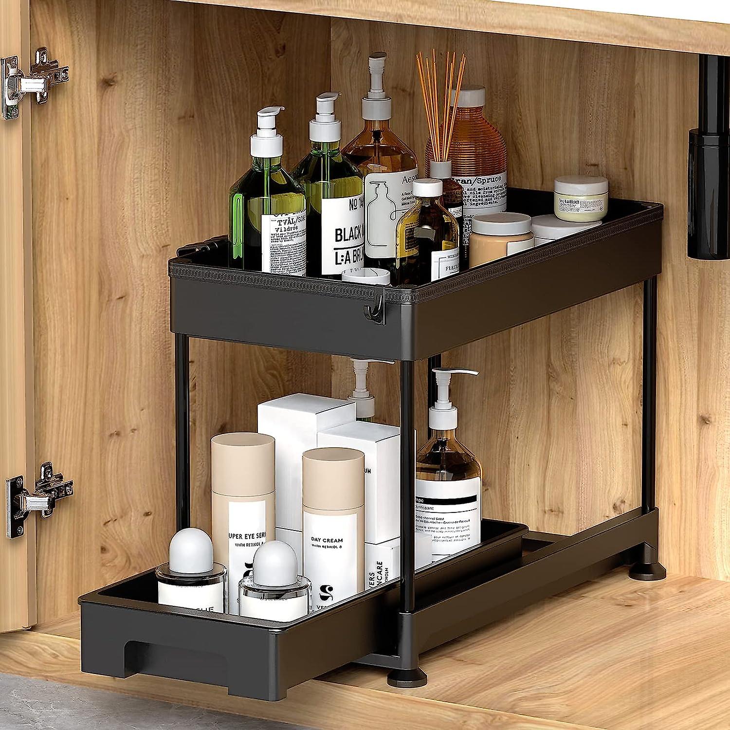 2 Tier Kitchen Under Sink Storage with Sliding Drawer, Multi-Function Storage Shelf with Hooks for Kitchen, Bathroom, Laundry Room, Black