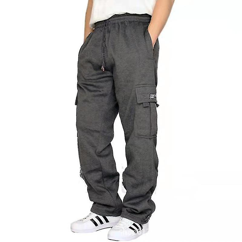 Mens Straight Leg Pants Leisure Jogger Trousers Solid Color Fleece Bottoms