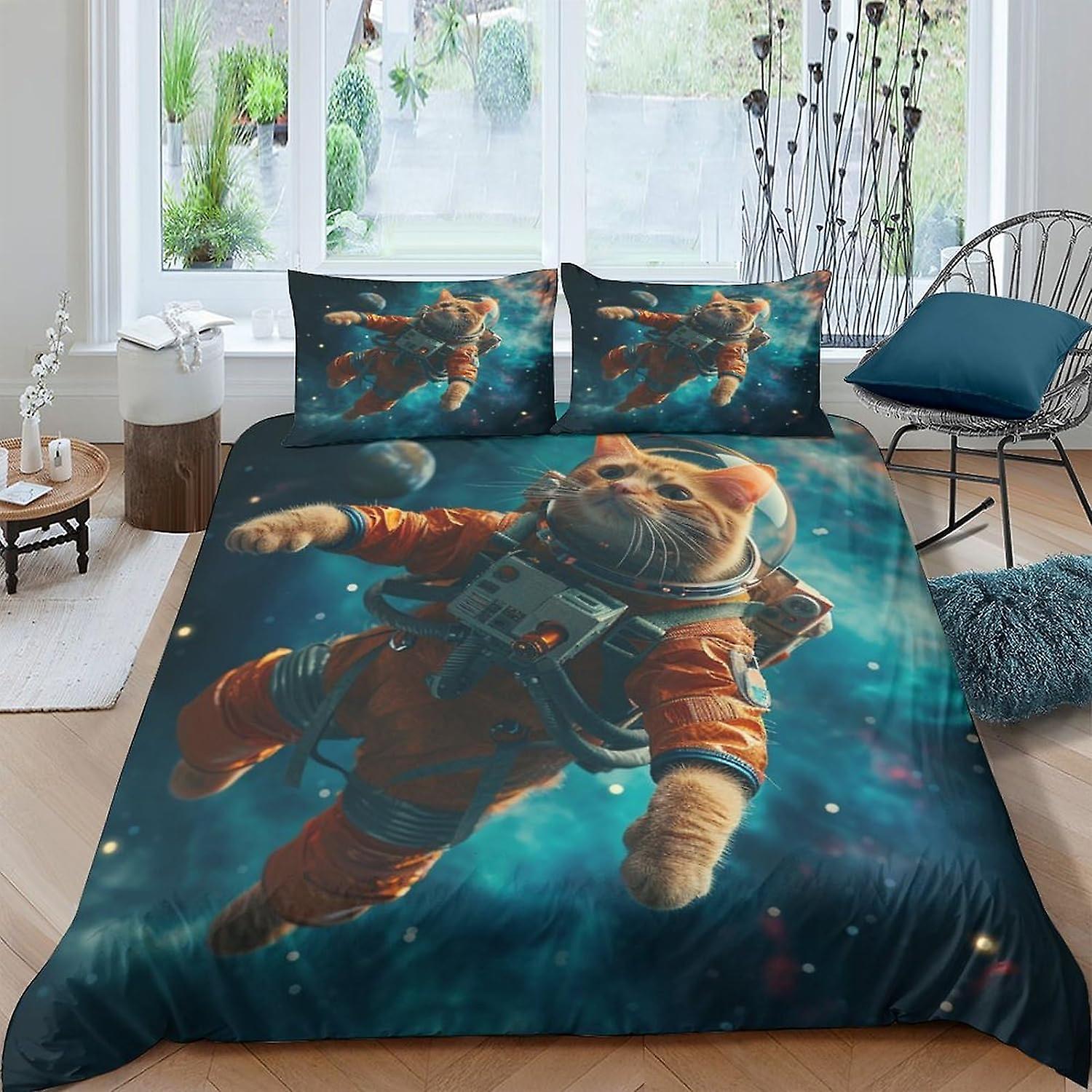 Space Cat Comforter Covers Quilt Cover Duvet Cover for Teens And Adults 3D Print Anime Characters Bedding Set with Pillow Cases with Zipper Closure So