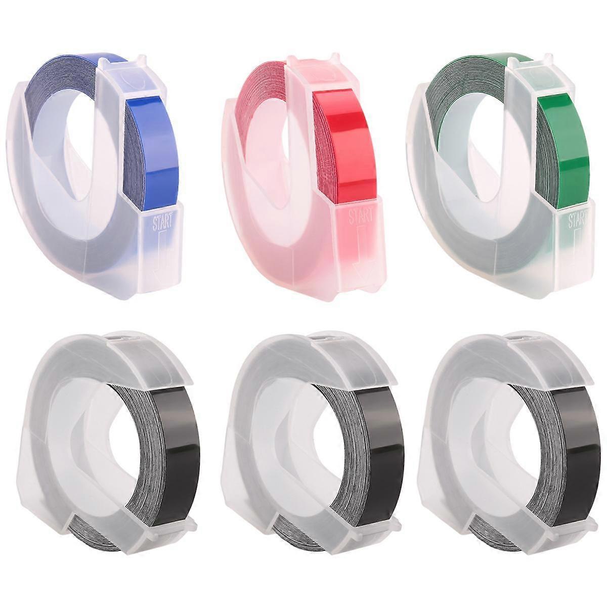 6 Roll Embossing Label Maker Tape 3D Plastic 9mm x Embossing Label Tape White on Black/ Blue/ Red/