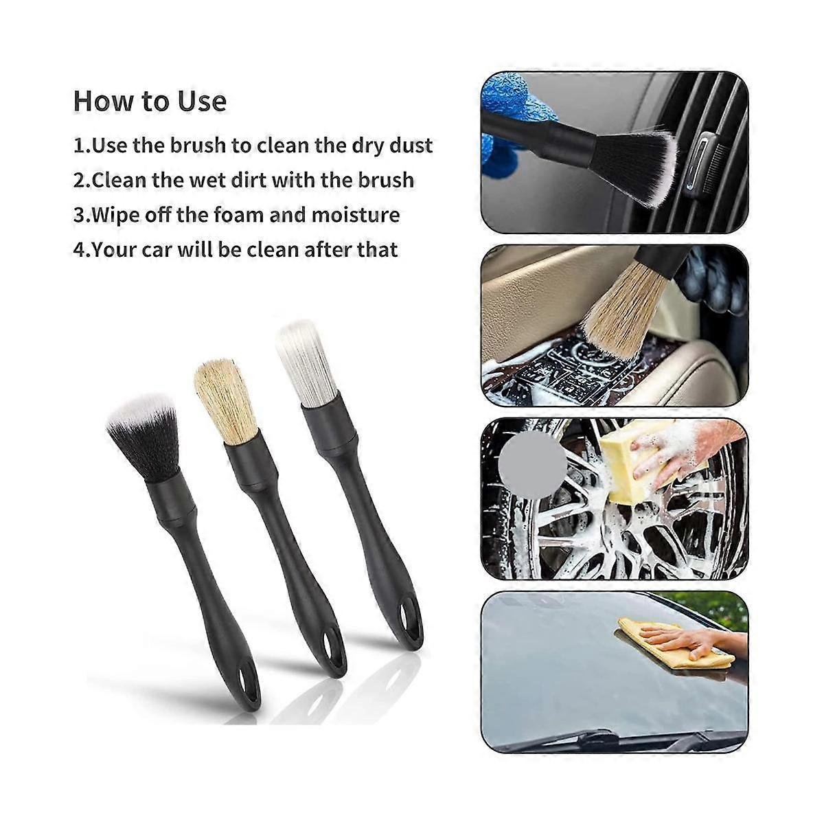 3Pcs Car Brushes Car Detailing Brush Set Soft Bristle for Car Cleaning Detailing Brush Dashboard Ai