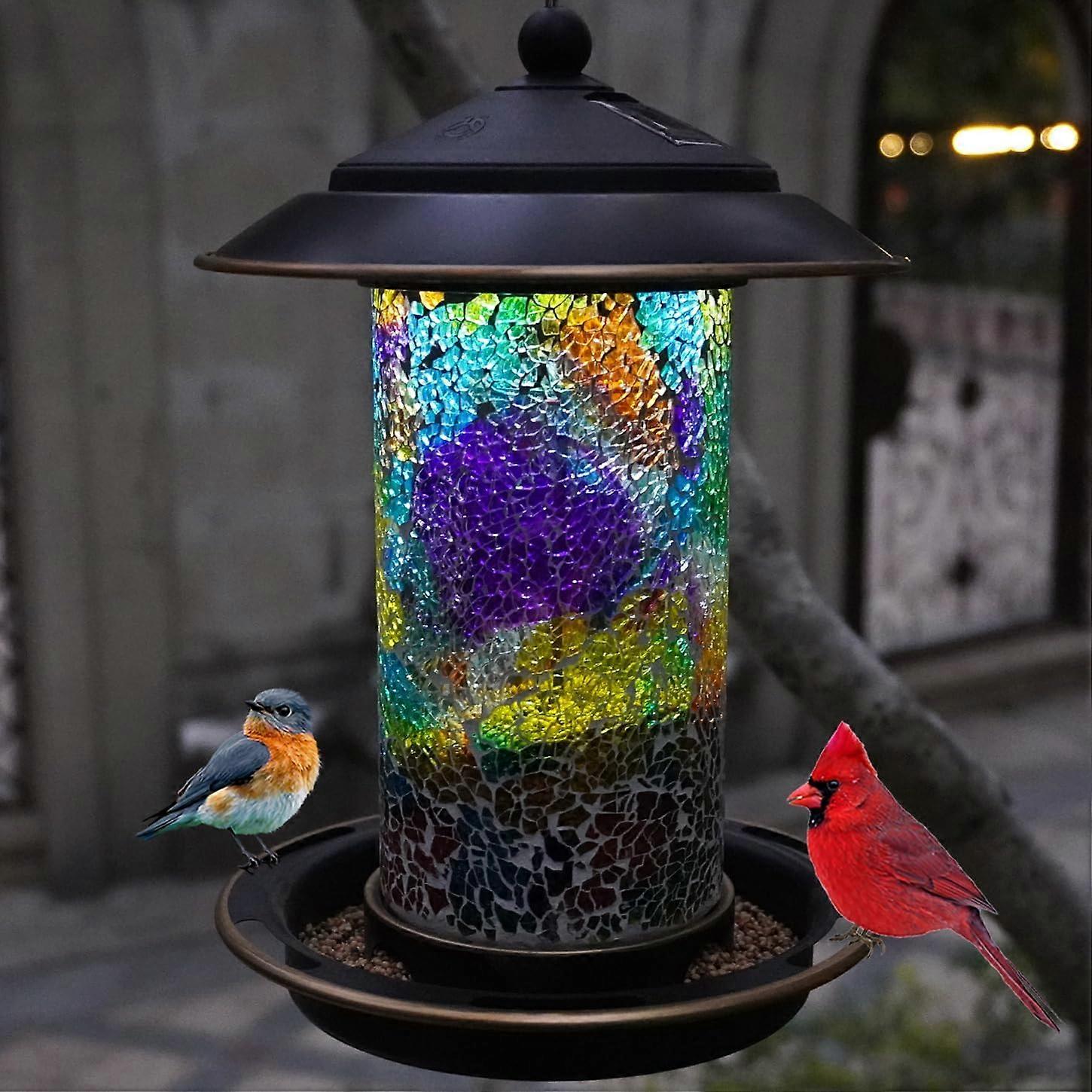 Solar Bird Feeder with Stained Glass, Easy Clean and Top Fill, Adjustable Feeder with Sturdy Wire and Roof, Plastic, for Garden, Backyard, Terrace(1.5