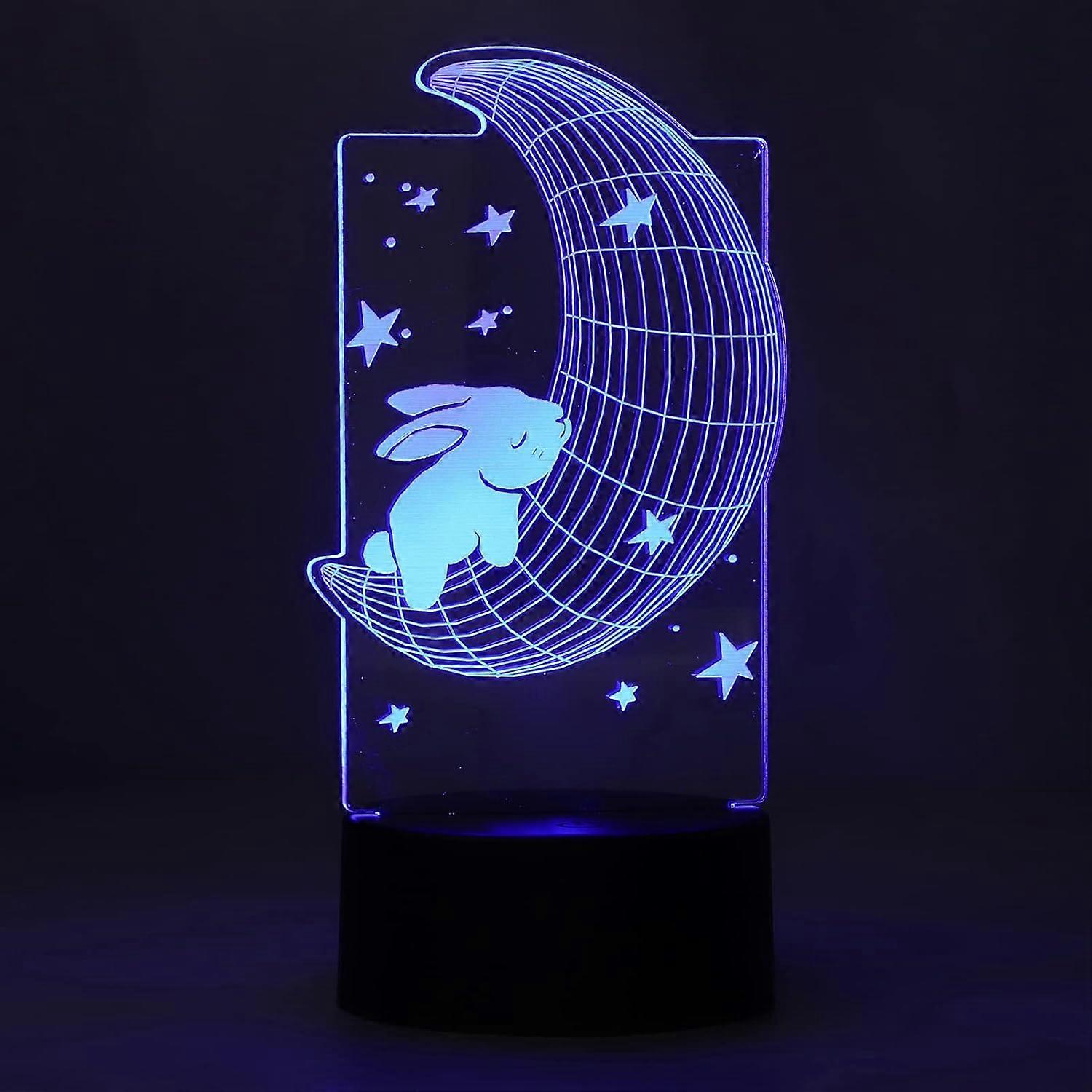 Night Light, 3D Moon Rabbit Shape LED Night Light 7 Color Adjustable Touch Switch USB Battery Powered Soft Lighting Decorative Lamp for Kids