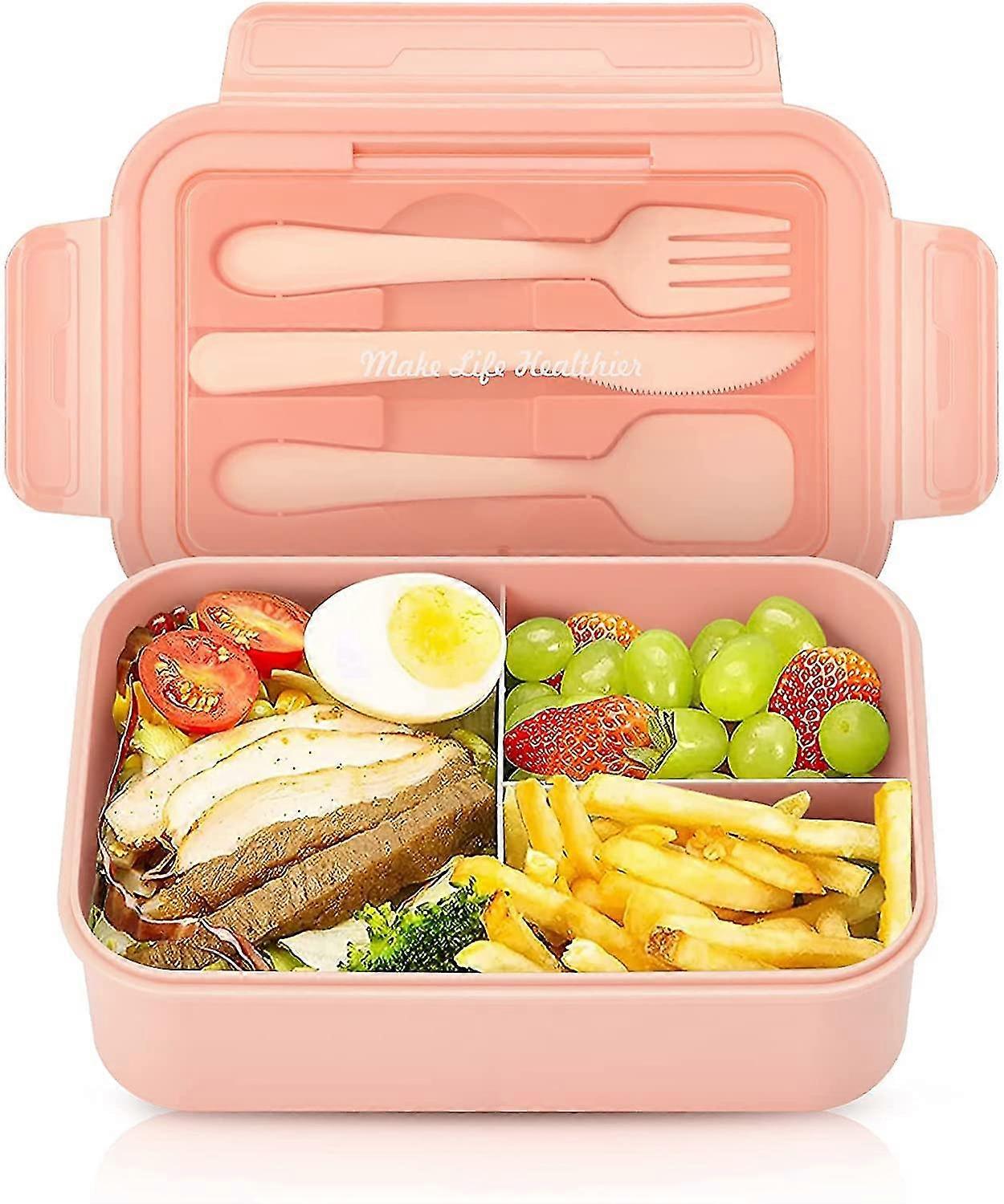 Bento Lunch Box For Kids And Adults Built-in Knife, Fork & Spoon, 1400ml Portable Bento Box With 3 Compartments Perfect For On-the-go Meal, Bpa-free