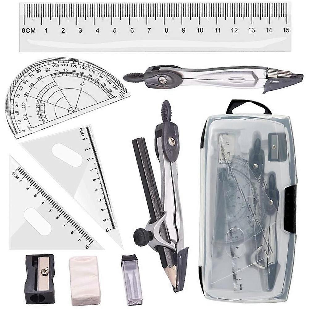 Geometry Compass Set 10Pcs School Maths Protractor Set Rulers for Student Maths and Engineering in Carry Case, Gray