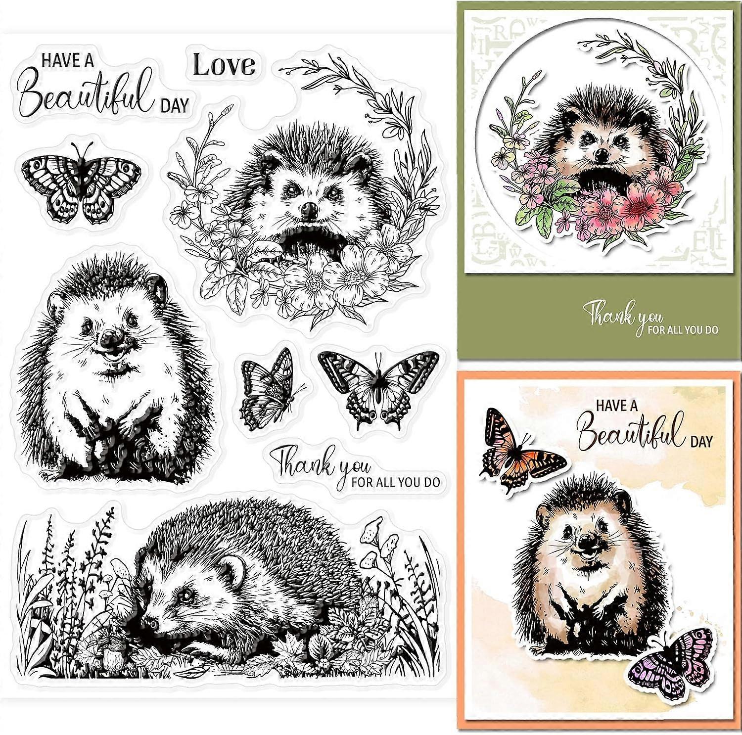 Realistic Hedgehog Flower Clear Stamps for DIY Scrapbooking Butterfly Silicone Clear Stamp Seals Transparent Stamps for Cards Making Photo Album Journ