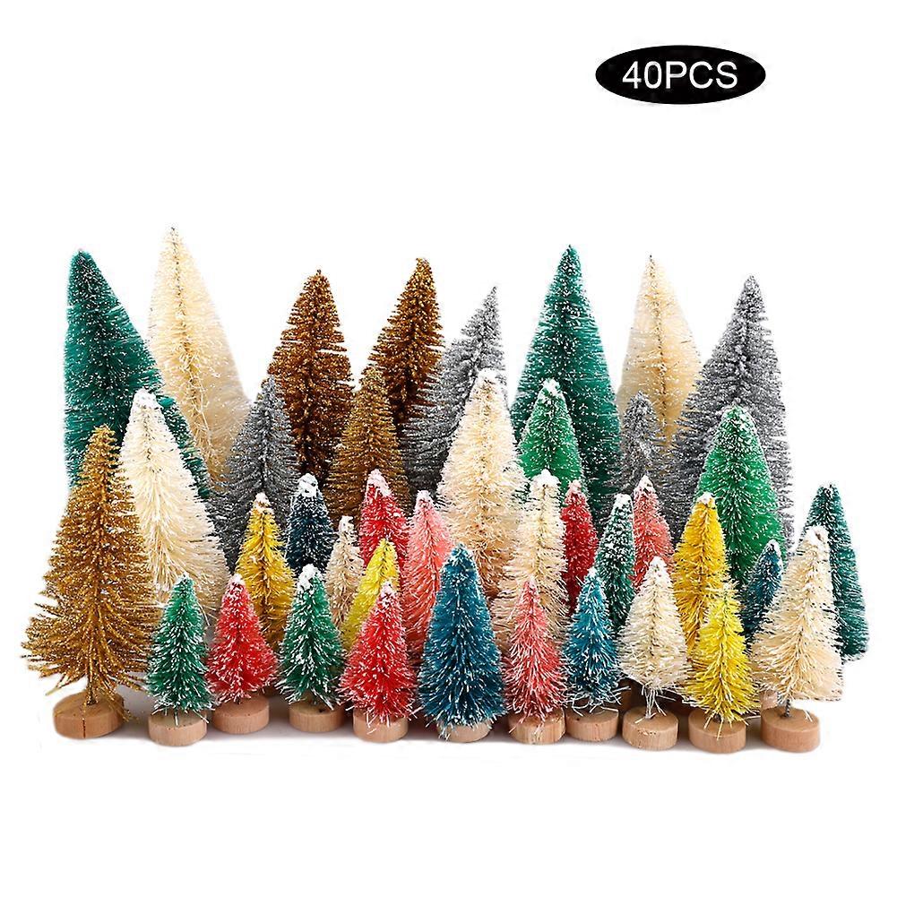 40Pcs Mini Cedar Trees Set Sisal Snow Frost Trees With Wood Base Bottle Brush Trees Winter Tabletop Christmas Trees
