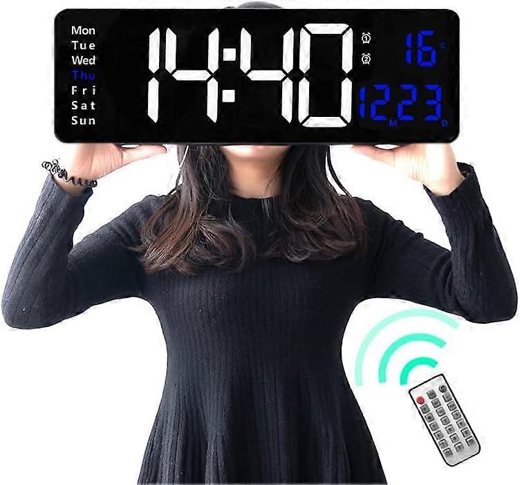 16.2" Large Display Digital Wall Clock with Remote, Digital Clock with Time Date Temp Week,12/24H, Auto/Custom Dimming,Timer,Wall Mount(Black+Blue)