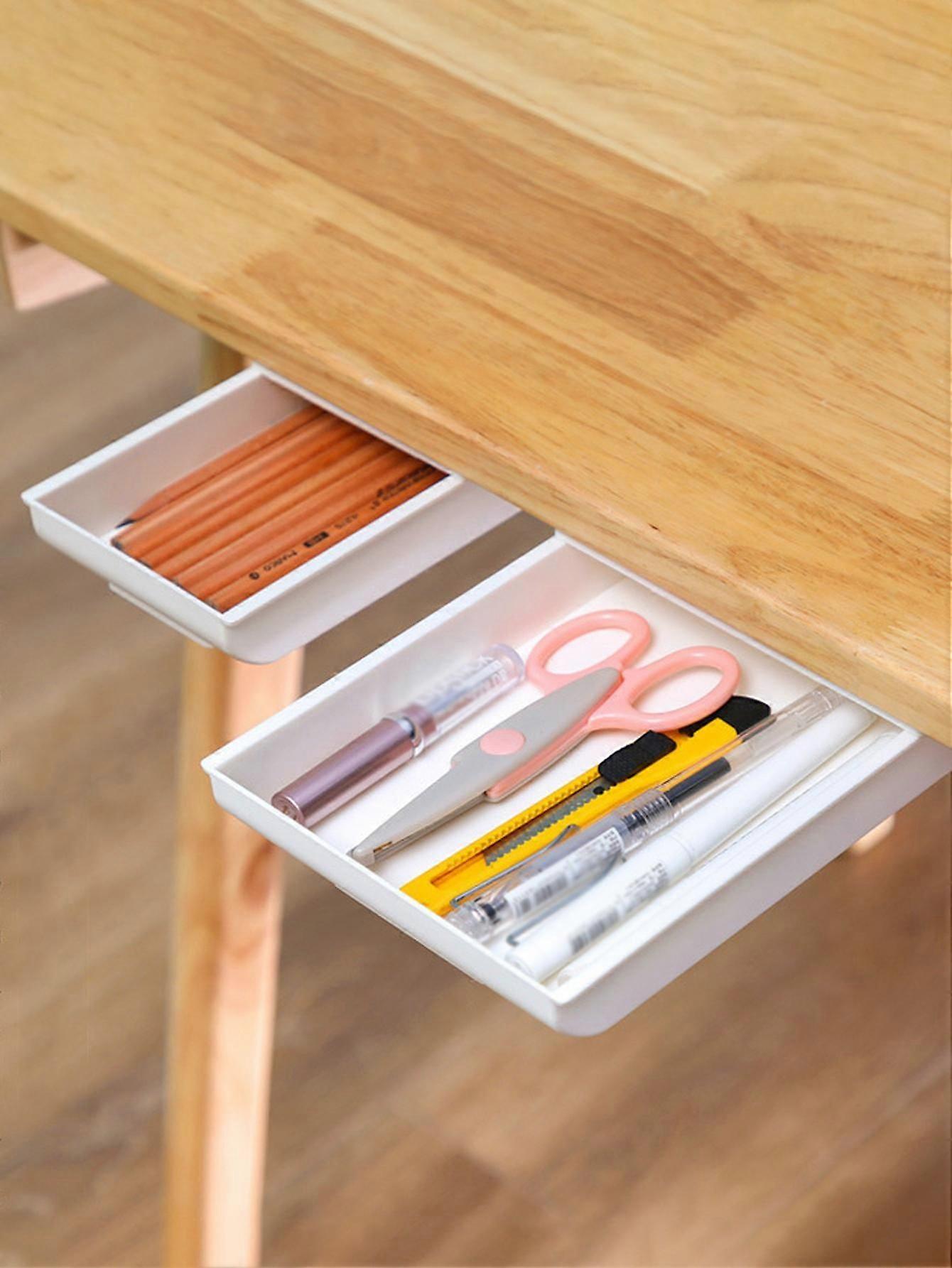 1pc White Under Desk Pencil Holder, Simple & Practical, Non-drilling Adhesive Small Drawer Organizer For Office Desk Supplies Storage
