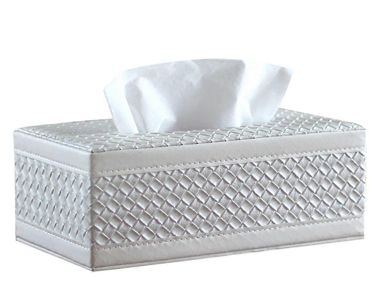 Weaving PU Leather Tissue Box Holder - Rectangular White Tissue Holder for Home and Office Decor, Compact Design