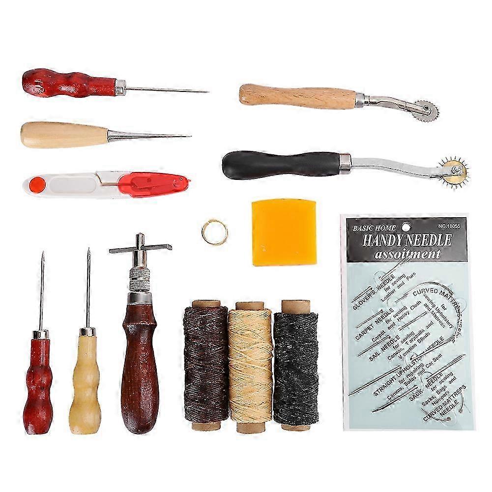 14pcs Leather Hand Sewing DIY Stitching Craft Tool Thimble Scissors Awl Accessory Set
