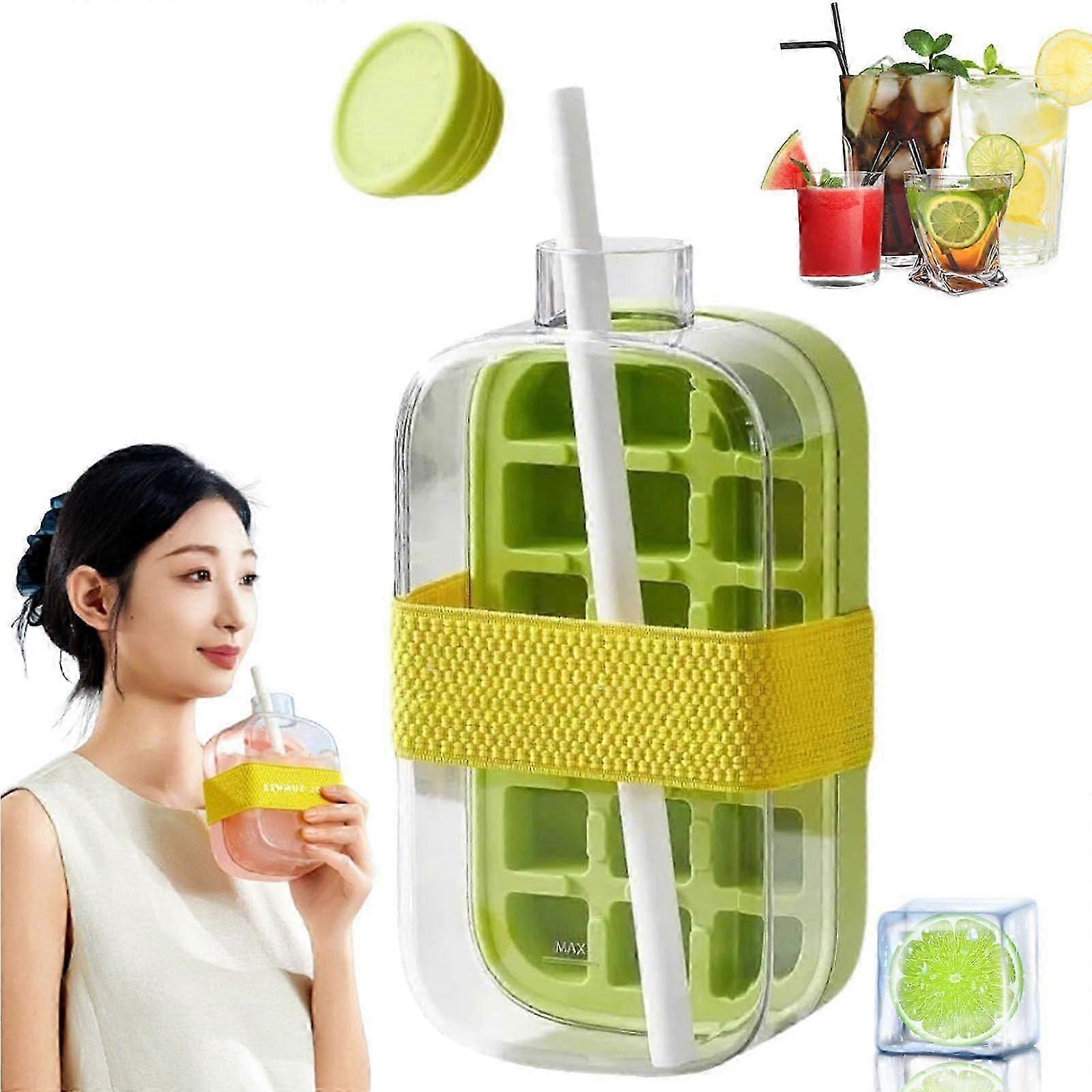 빨대가 있는 2-in-1 아이스 큐브 트레이 물병, 터치 프리 이지 릴리즈 냉동고 병, 주스 커피용 체육관 아이스 몰드 물병