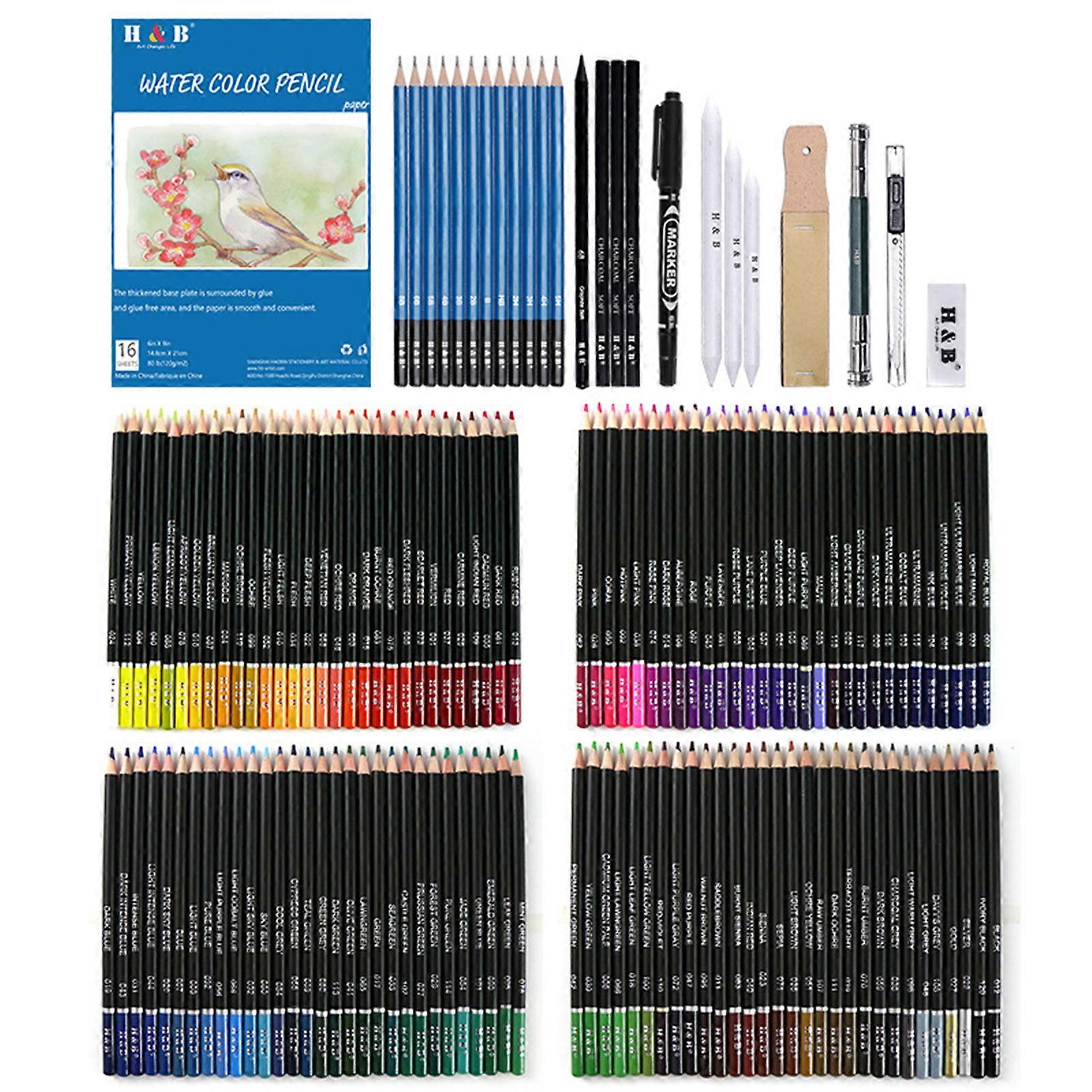 H&B 145-Piece Professional Oil Colored Pencils and Sketch Set Charcoal Graphite Pencil Eraser Extender Draw Paper Carrying Bag Art Supplies Gift for