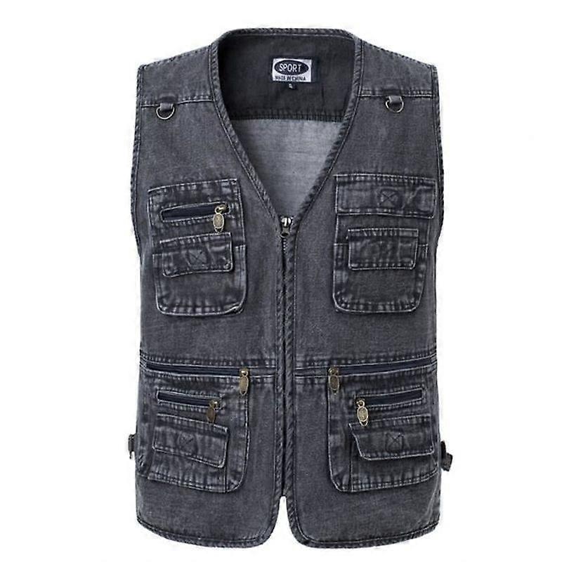 Men's Denim Vest Sleeveless Jacket V-Neck Multi-Pockets Zip