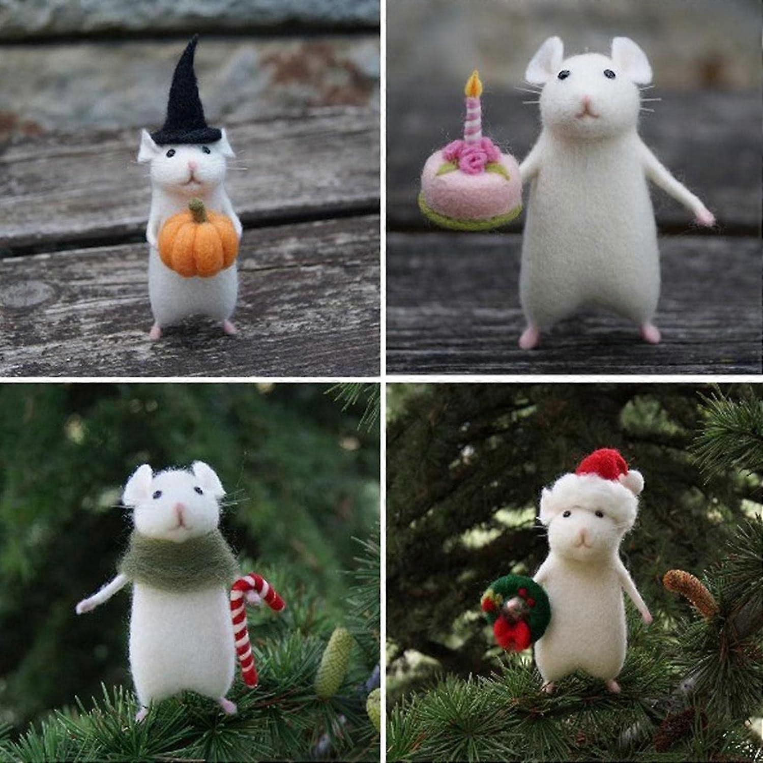 Wool Felt Ornament Mouse, 4-Piece Handmade Set, Christmas Home Decor, Wool Felt Mouse Ornaments