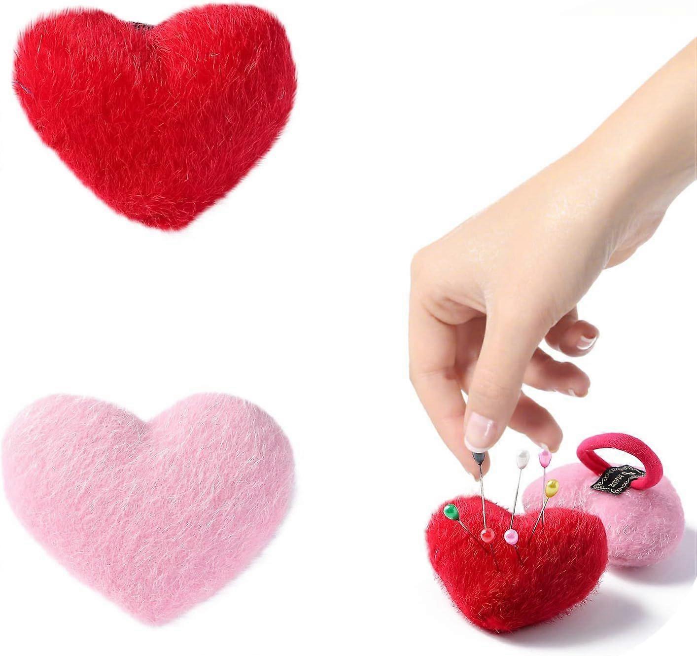 Set of 2 Wrist Sewing Pin Cushions with Elastic Band - for Needlework or DIY (Pink and Red)