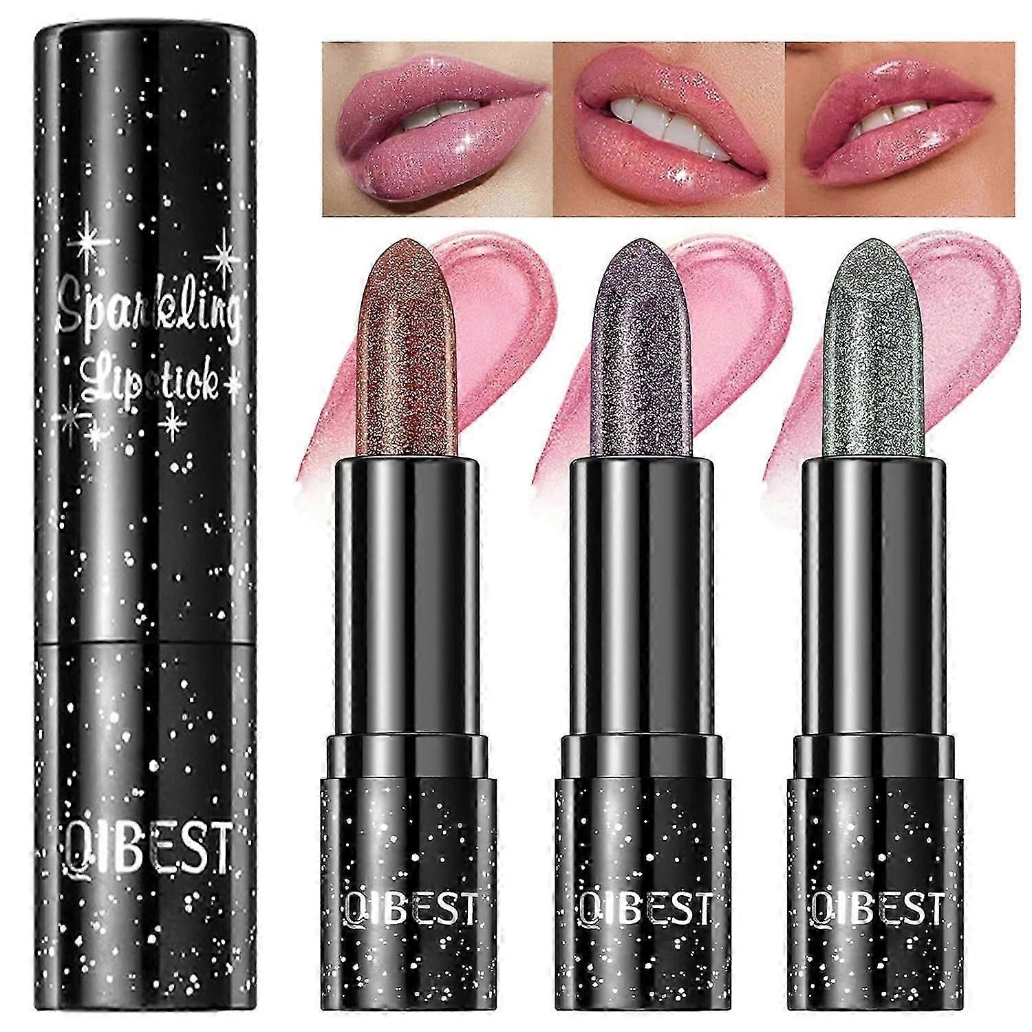 Sparkling Lipstick Color Changing Lip Gloss, 3Pcs Non-sticky Moisturizer Lip Balm, Magic PH Temperature Color Changing Lipstick