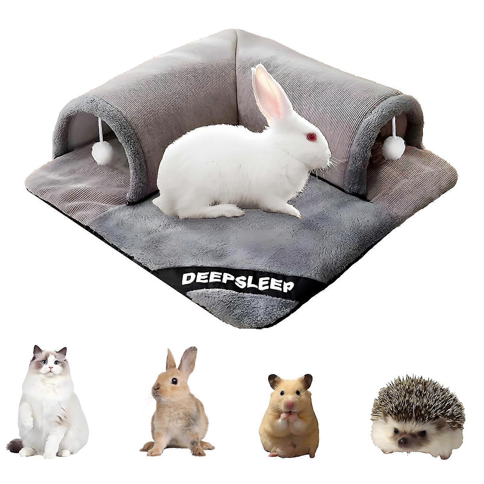 Rabbit Tunnel Bed with Removable Plush Mat Soft Hideout Play Tube for Bunnies, Guinea Pigs, Chinchillas, Cats, BunnyCozy Small Pet Toy, Grey