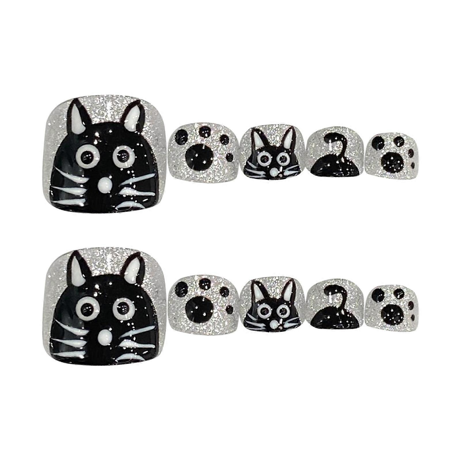 Cute Fake Toenails with Cat Printed Adds a Touch of Charm to You