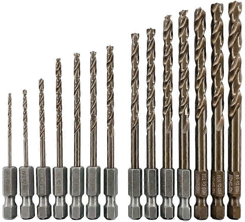 14Piece M35 Cobalt Drill Bit Set for Stainless Steel, Hard Metals Cast Iron, Jobber Length with 1/4' Hex Shank, SAE Sizes 1/16' to 1/4'