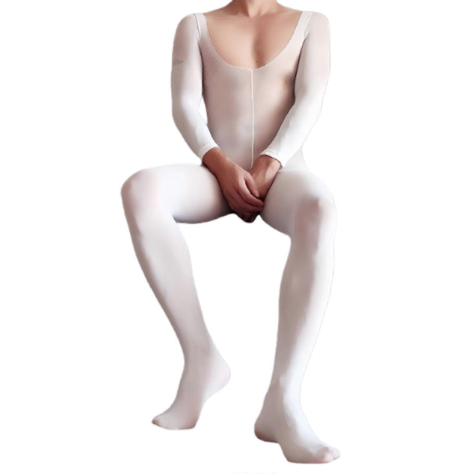 Herren Langärmeliger Bodysuit Strumpf, offener Schritt Strumpfhose Overall See Through Jumpsuit Strumpf für Cosplay Party Weiß