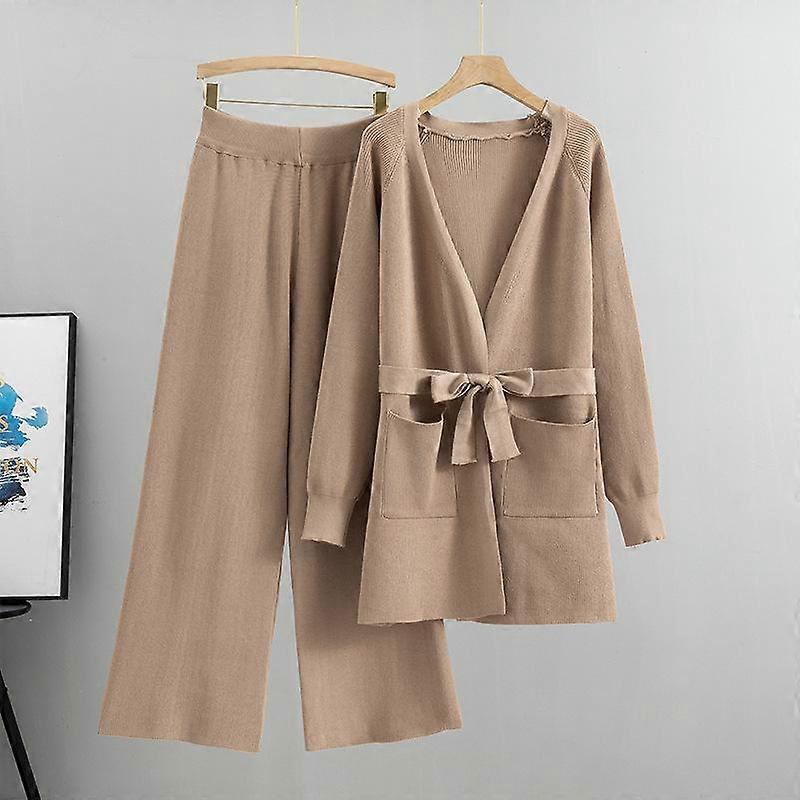 Spring and Autumn Women's Knitted Set Wide Leg Pants Knitted Cardigan Jacket Two Piece Loose Fashion