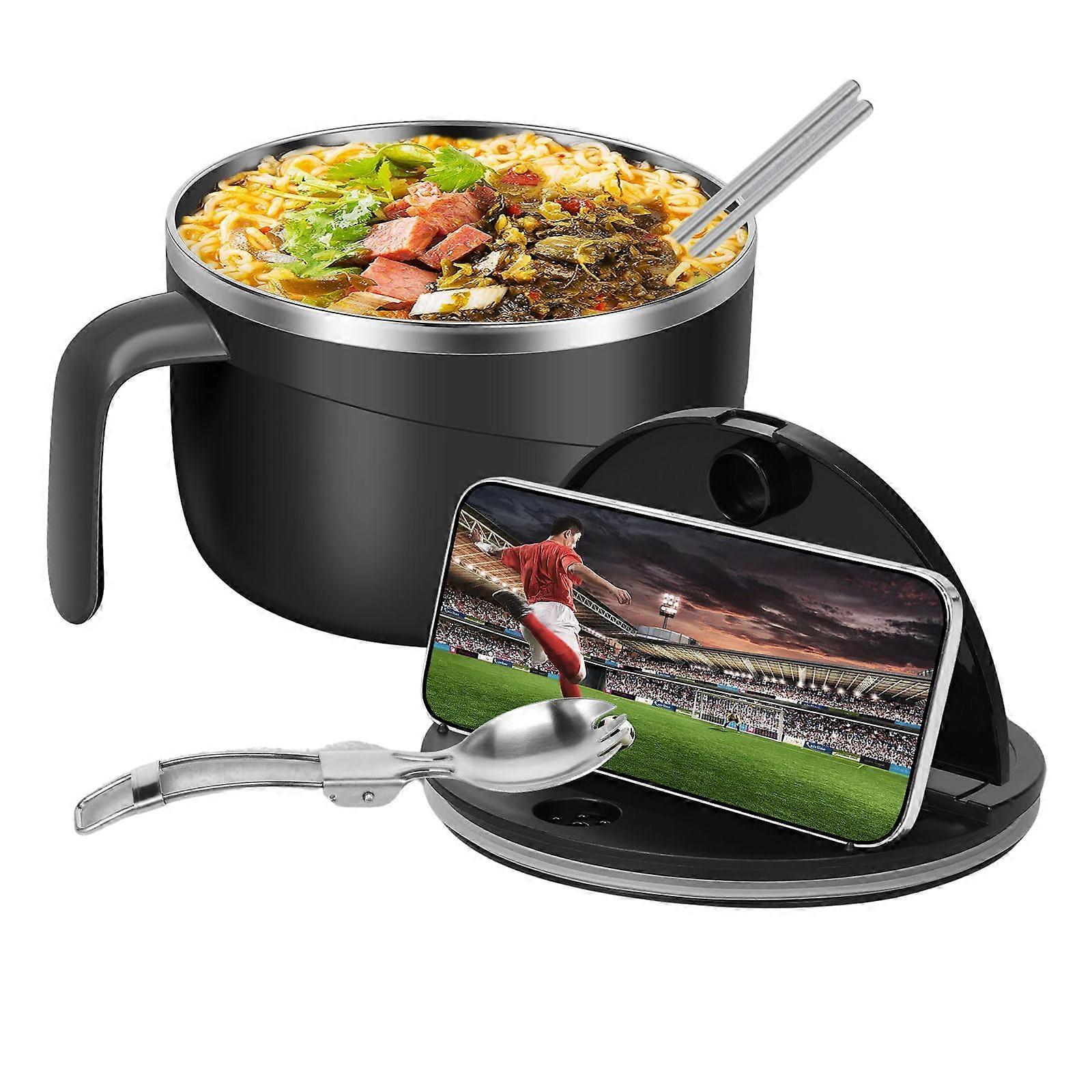 Ramen Bowl with Lid 1200 ml with Chopsticks Tablespoon Filterable Mobile Phone Holder (Black)