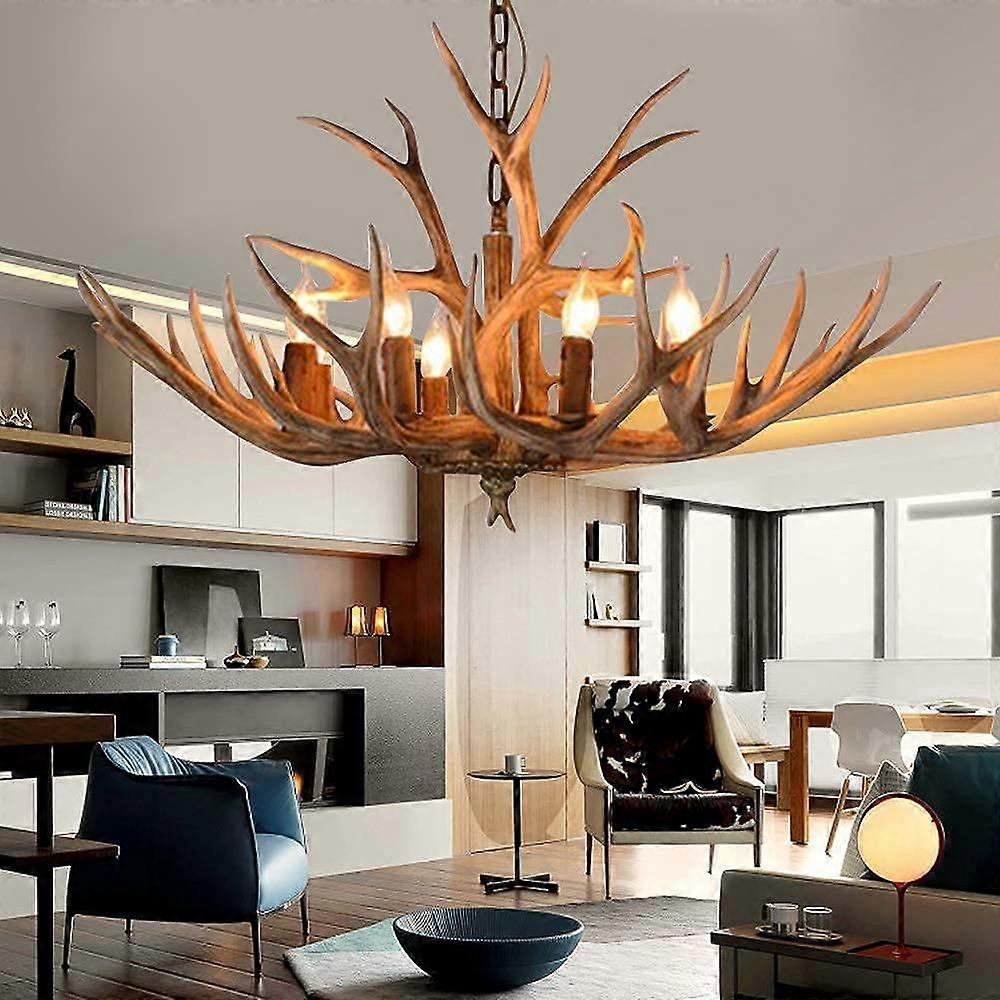 Pendant Light Antlers Vintage Chandelier E14 Resin 6 Light Industrial Wrought Iron Adjustable Retro Dining Kitchen Living Bedroom