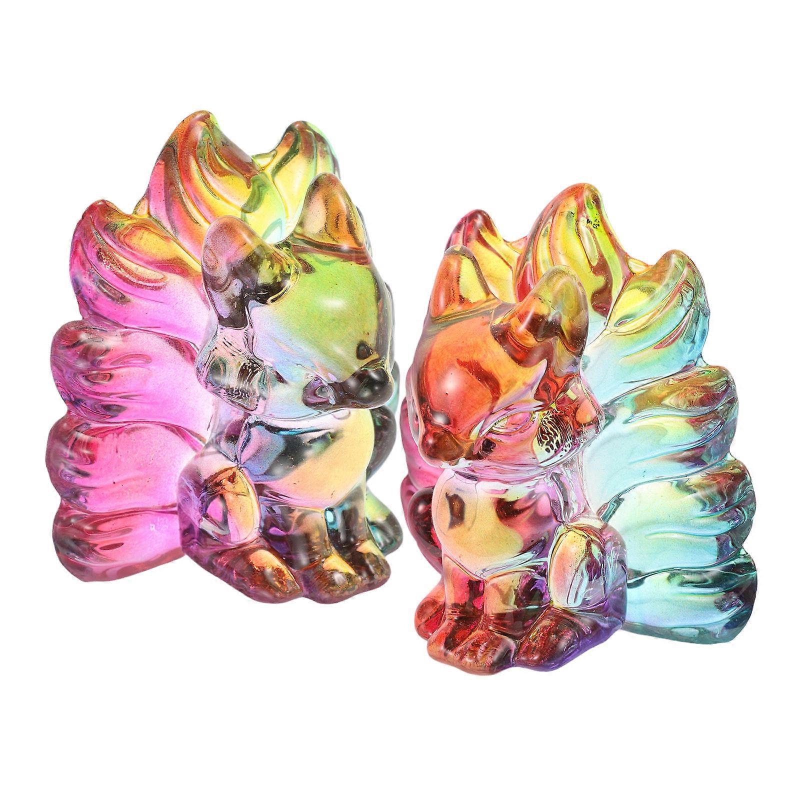 Fox Display Crystal Nine-Tailed Fox Statue Hand Carved Collectible Sculpture For Home Office Desk Table Decor 2Pcs