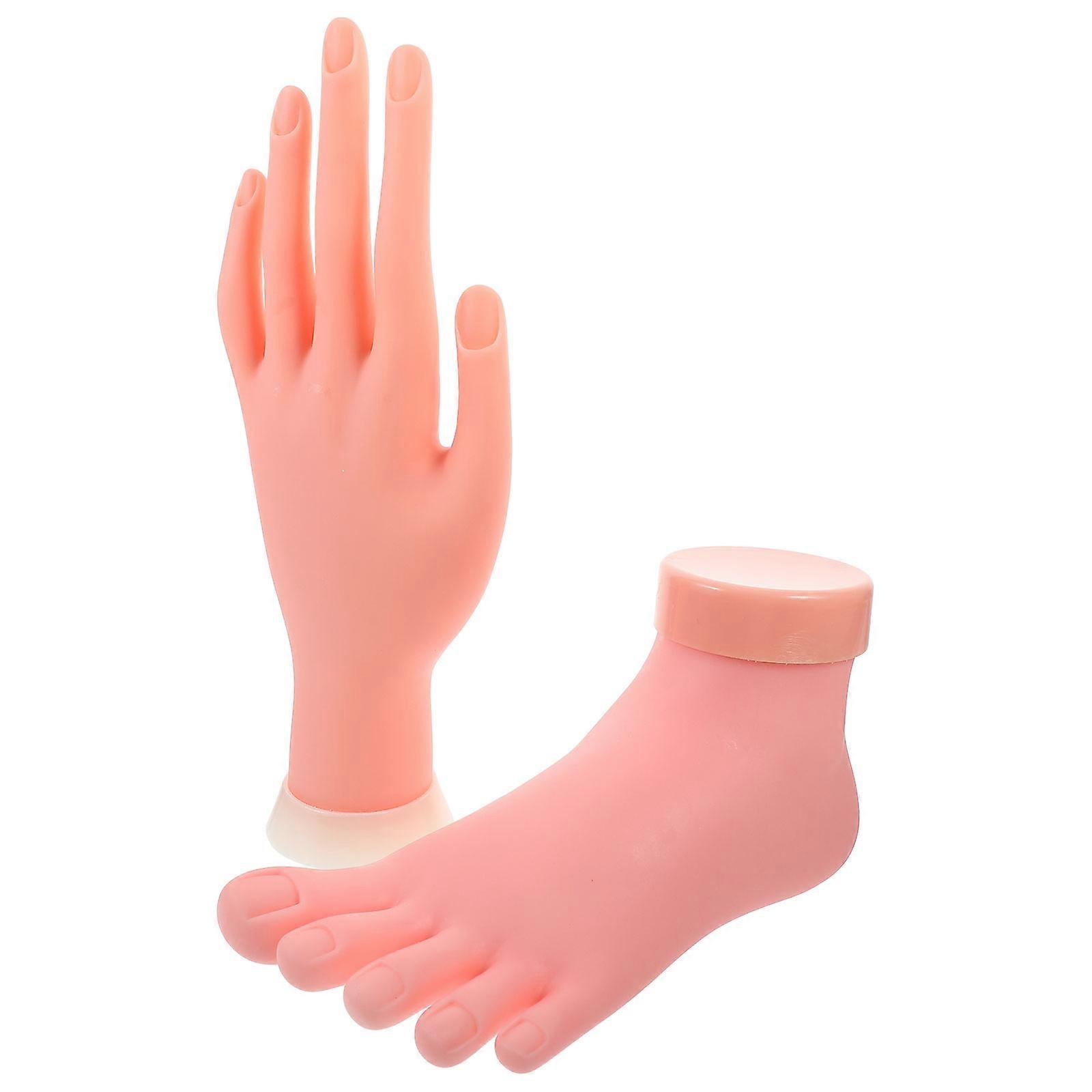 2pcs Manicure Practice Left Hand & Foot Model for Nail Art Training, Bendable Fake Hand with Realistic Shape, Lightweight Rubber Material, Reusable &