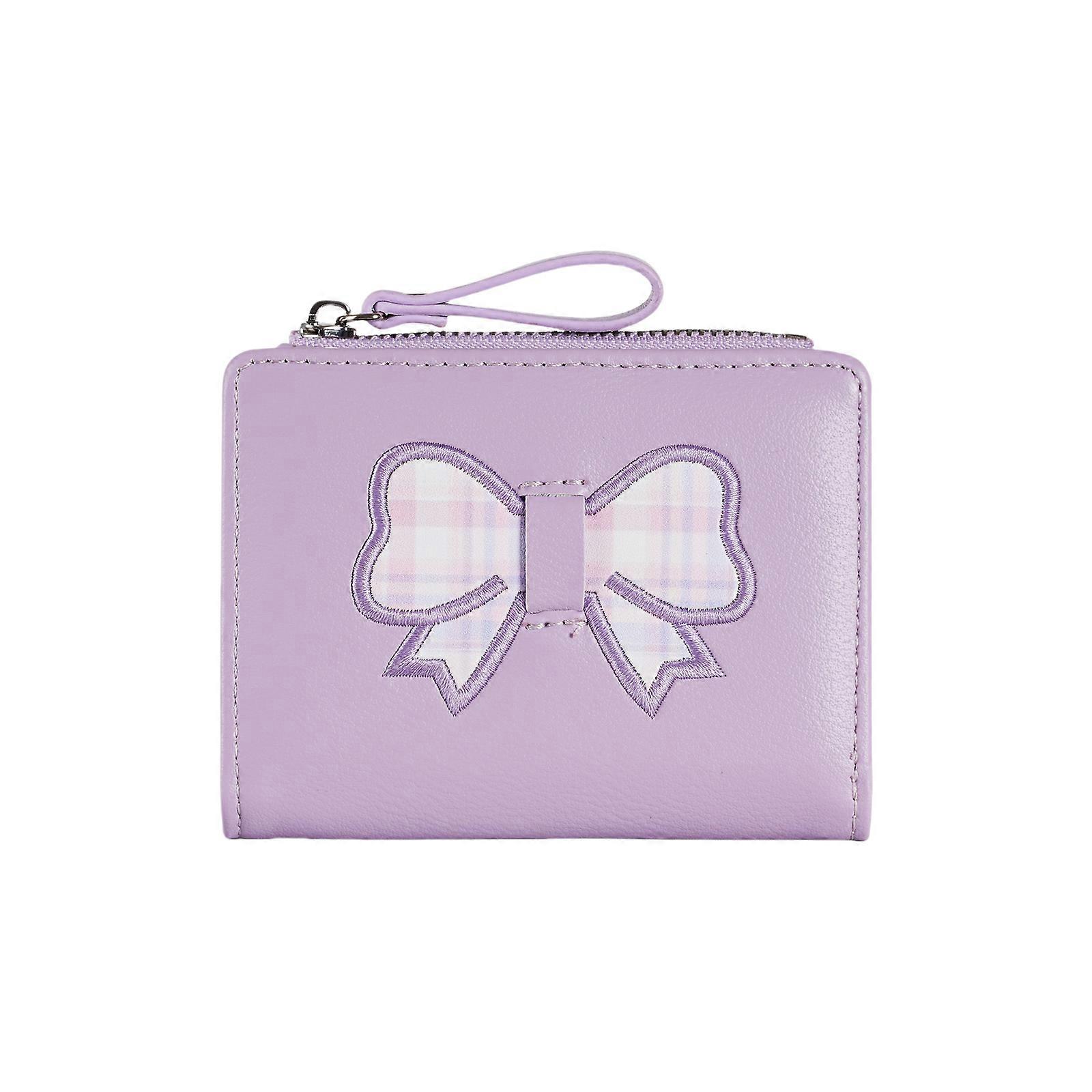 Stylish Short Wallet With Decorative Bows Accent Multiple Card Slots and Coin Pocket Practical Zippers Coin Purse Light purple