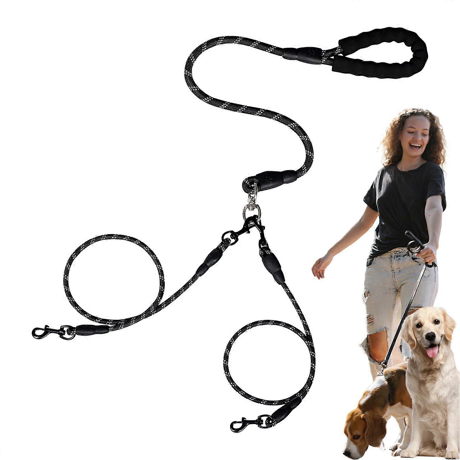 No-Tangle Double Dog Leash, Tangle-Free Reflective Rope, Split Walking Harness For Pets On The Go, Black
