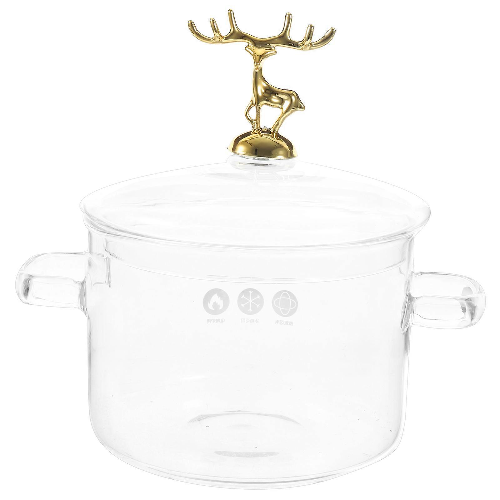 High Borosilicate Glass Stew Pot With Elk Design Lid And Double Ear Handle Family Gathering 7.9X5.9X8.7in 1Pack