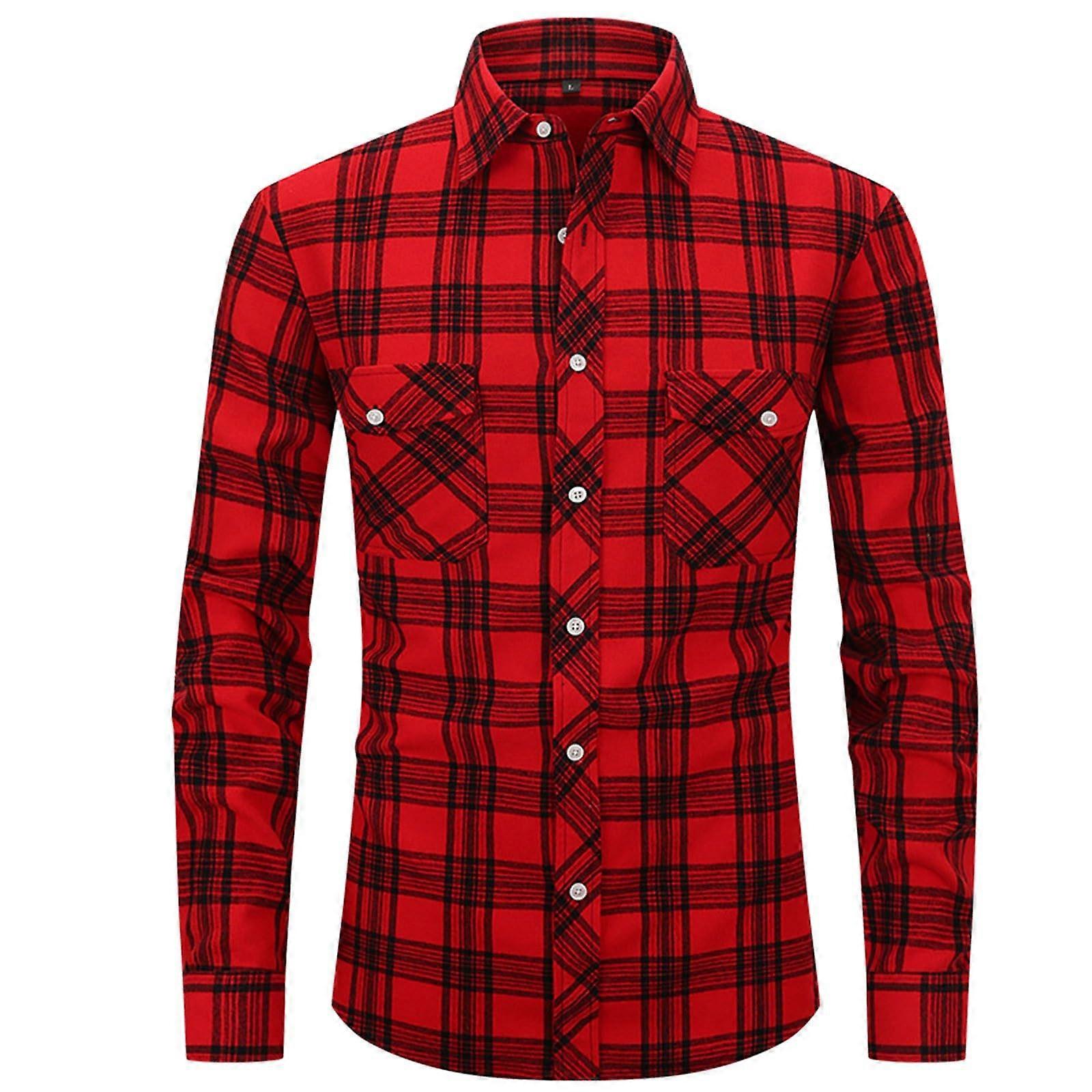 Traditional Shirt Men's Long Sleeve Checked Cotton Flannel Shirt XL Red Casual Lumberjack Oktoberfest Regular Fit Wrinkle-Free