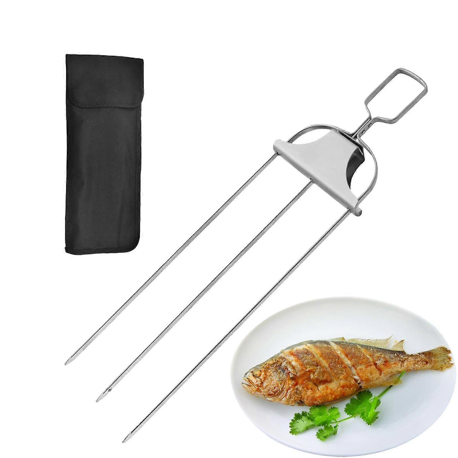 Grill fork for barbecue, grill skewers  Grill forks with push bar for BBQ, stainless steel  Reusable metal skewer, portable