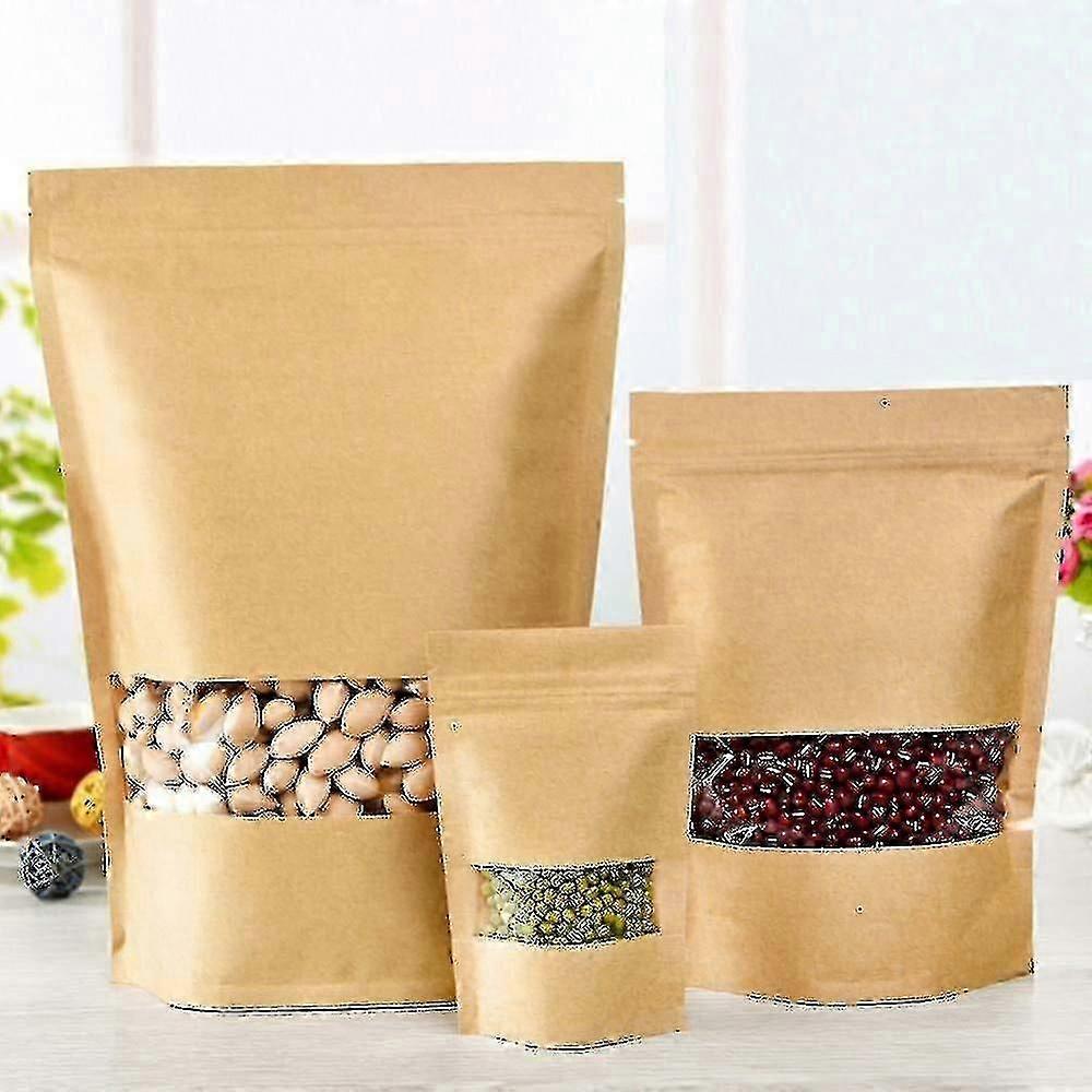 100pcs Kraft Bags With Window Stand Up Ziplock Seal Paper Bag Resealable Large Food Storage Pouch