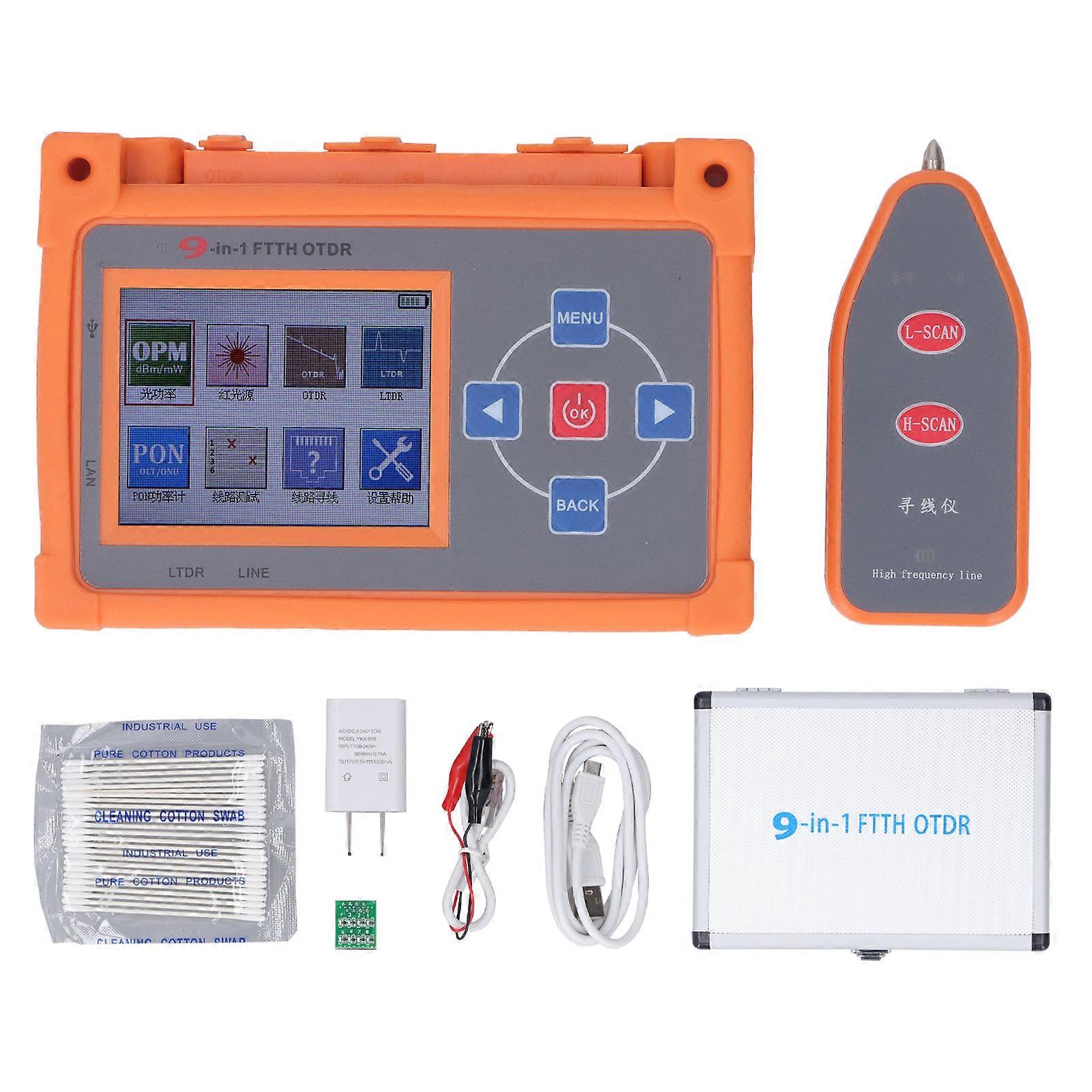 9 in 1 OTDR Optical Fiber Tester PON Test LCD Display Optical Time Domain Reflectometer Line Finder Set 100‑240V US Plug