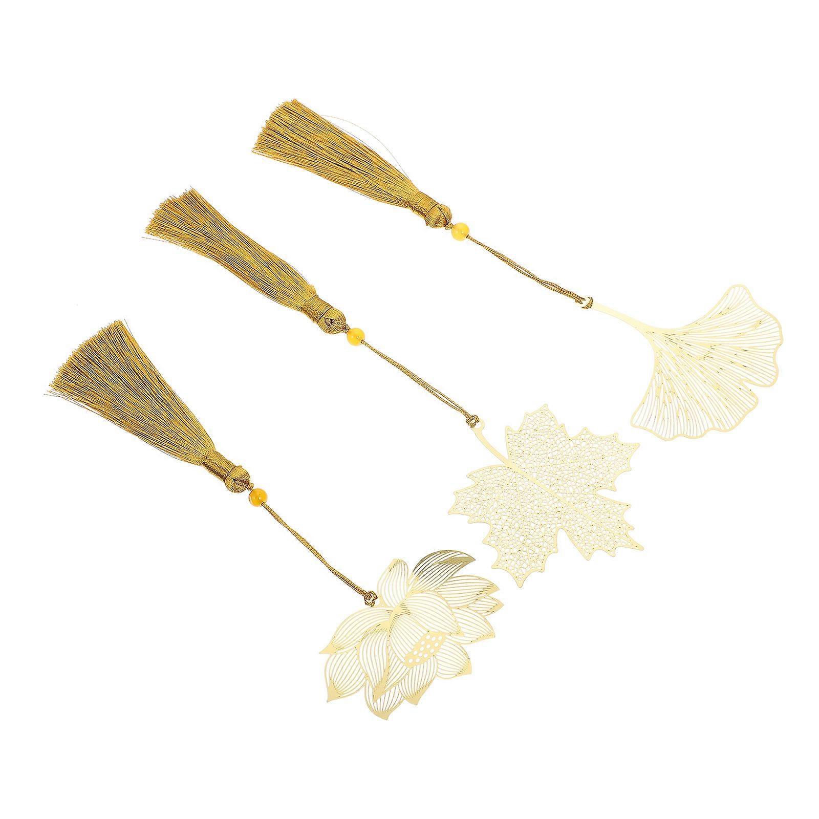 Golden Hollow Bookmarks with Tassel for Readers and Decor Made of Brass and Polyester 3 Pieces