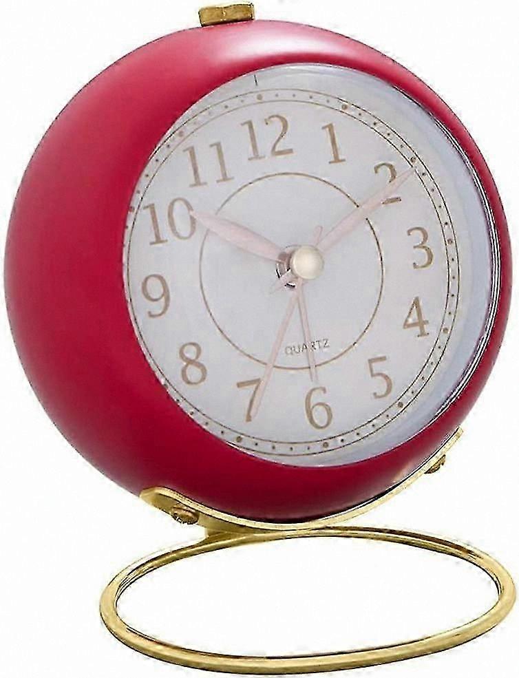 Classic Non-Ticking Desk Alarm Clock with Backlight, HD Glass Surface, Battery Operated Silent Tabletop Timepiece (Red)
