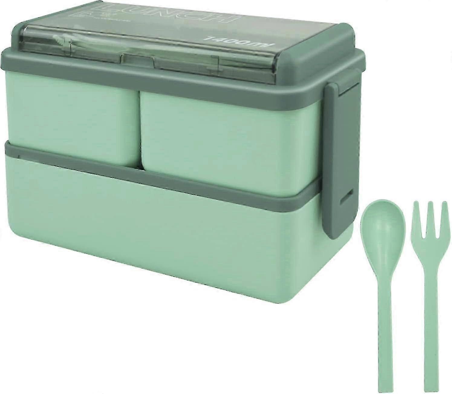 1400ml Leak Proof Lunch Box with 3 Compartments & Cutlery, Microwave Safe (Green)